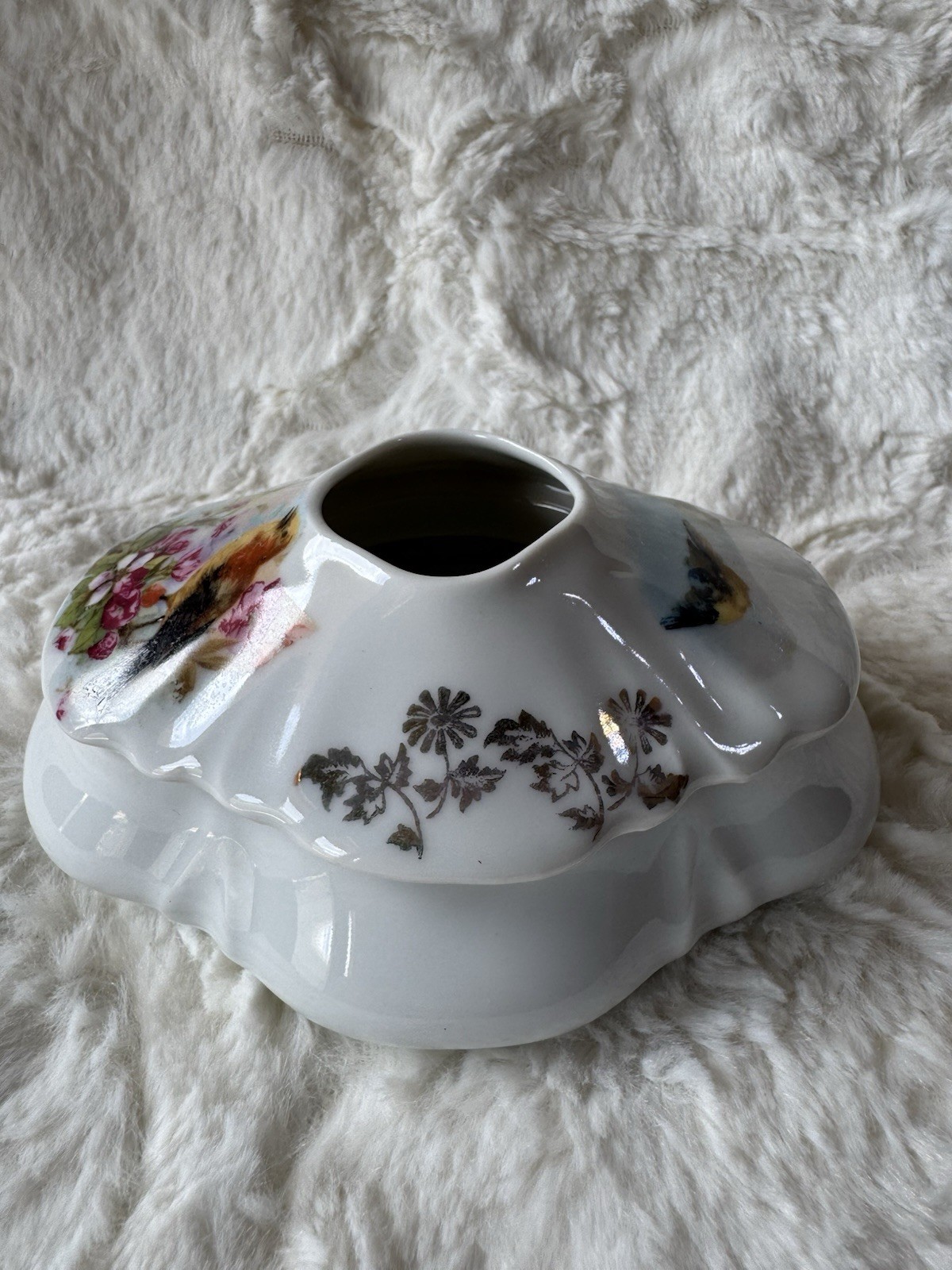 Vintage Porcelain Hair Receiver With Birds And Flowers Made In Germany