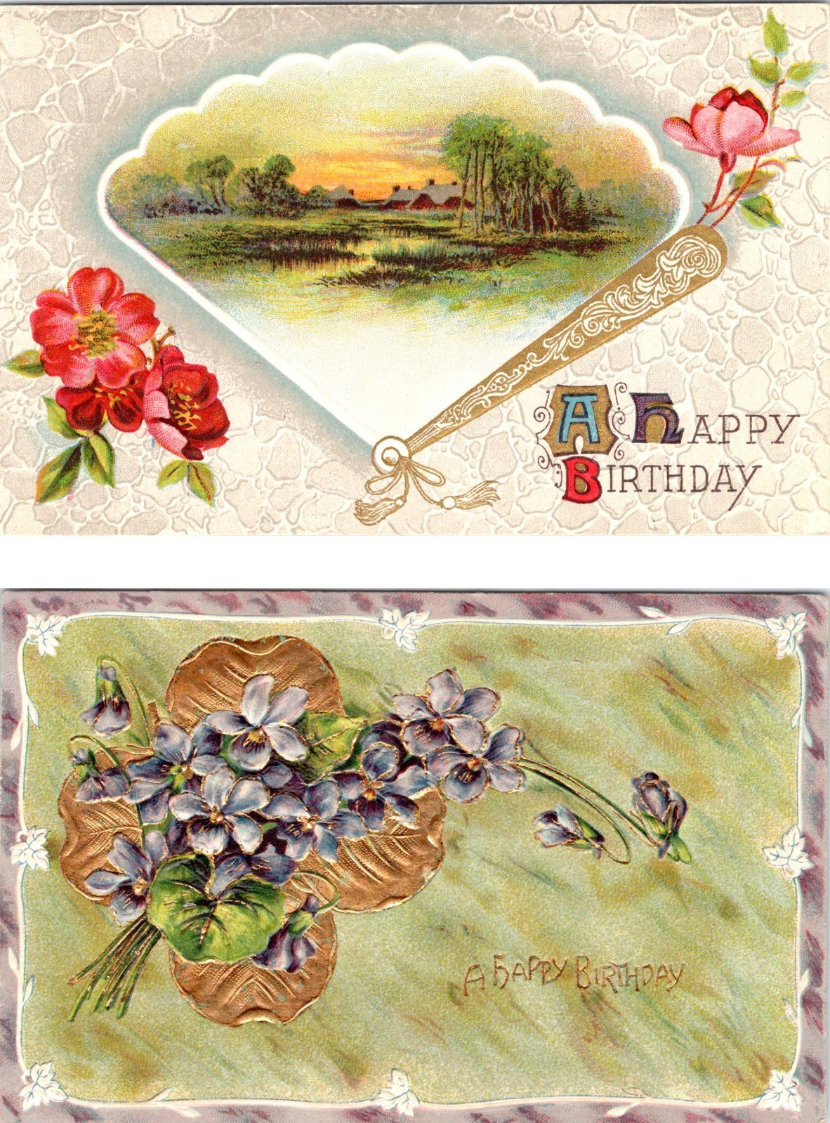 2~ca1910's Postcards A HAPPY BIRTHDAY Fan/Farm & Violets EMBOSSED Greetings