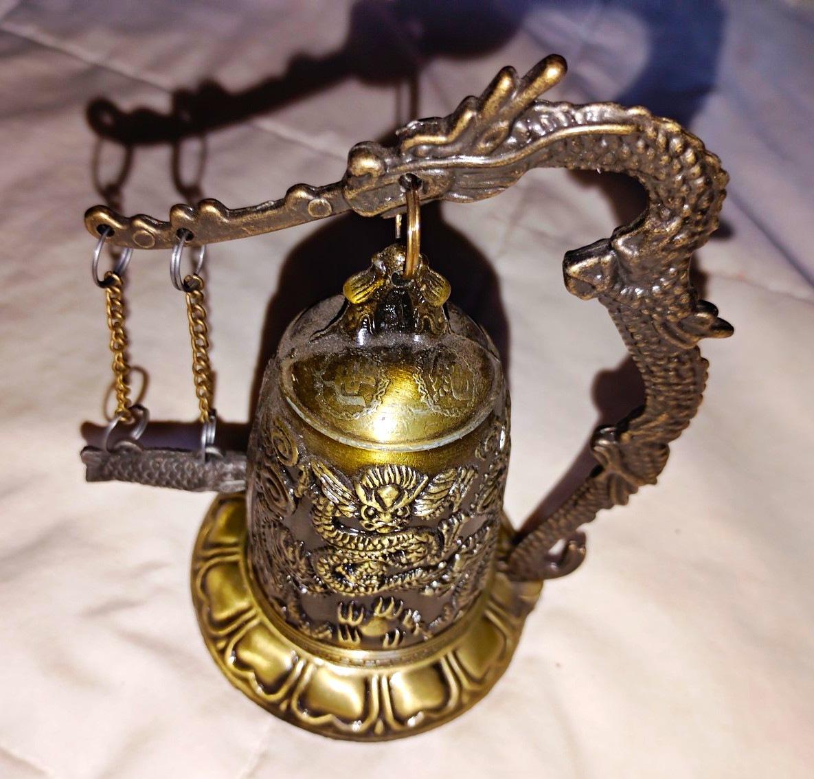 Bronze Metal Dragon Hanging Bell on Stand, Asian Theme Decor