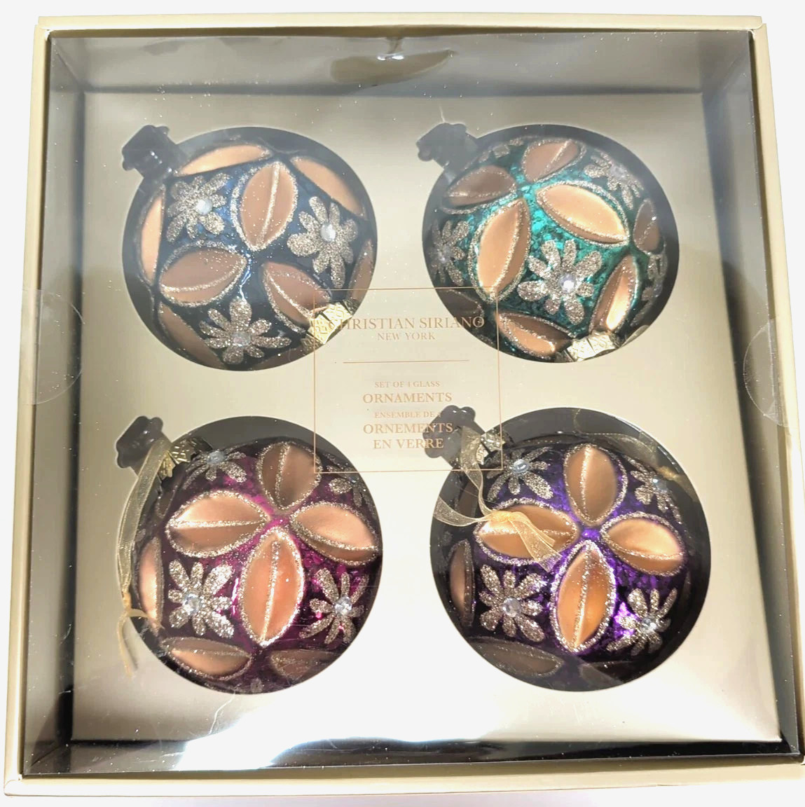 Christian Siriano New York Set 4 Glass Christmas Ornaments Jewel Tone Rhinestone