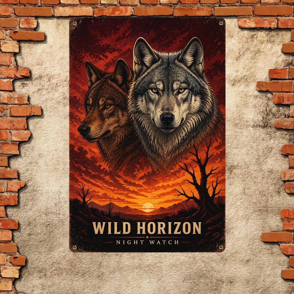 Wolf Portrait Dual Portrait Fiery Sunset Art Metal Tin Wall Art Plaque