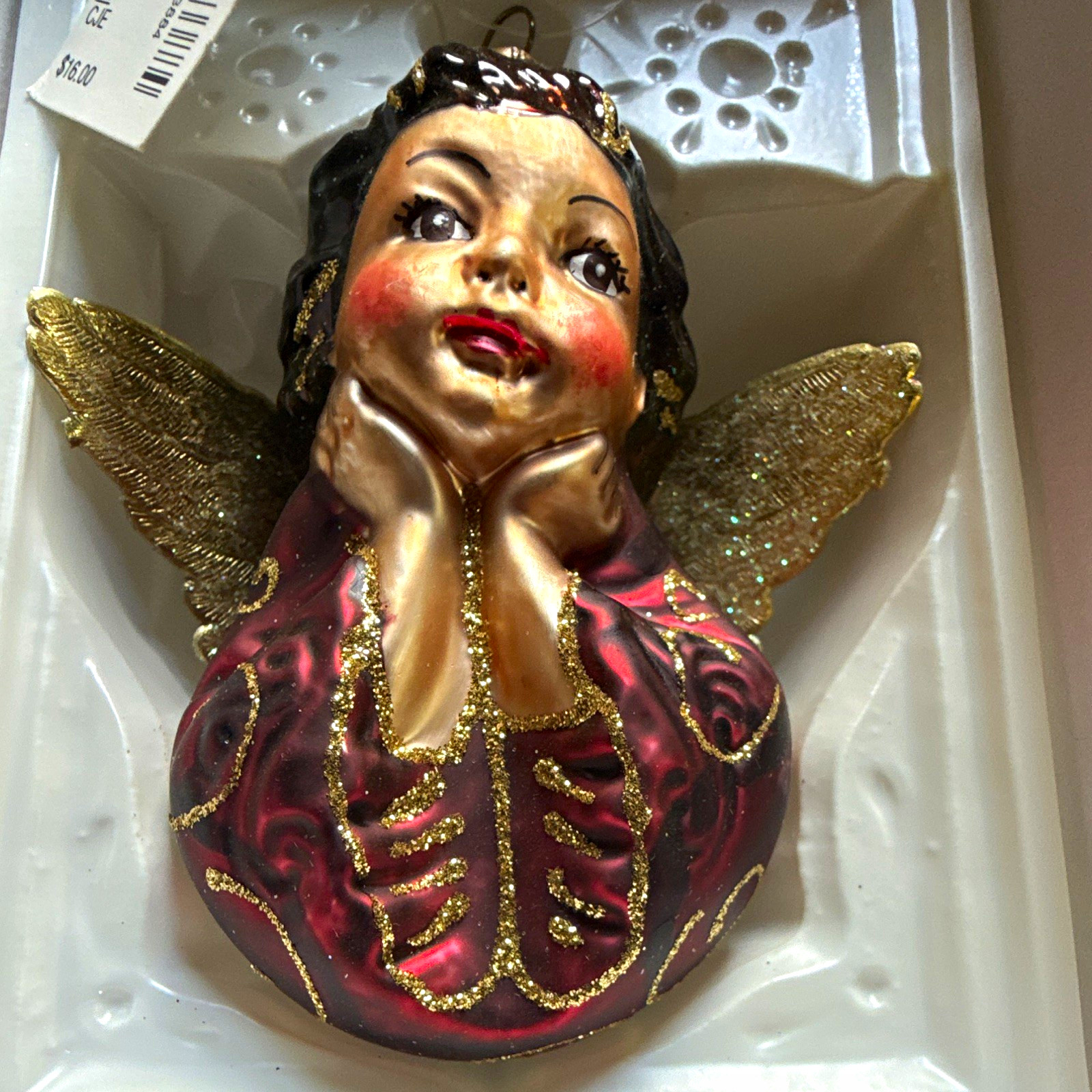 Dillard\'s Trimmings Hand Painted Glass Angel Ornament Burgundy Gold