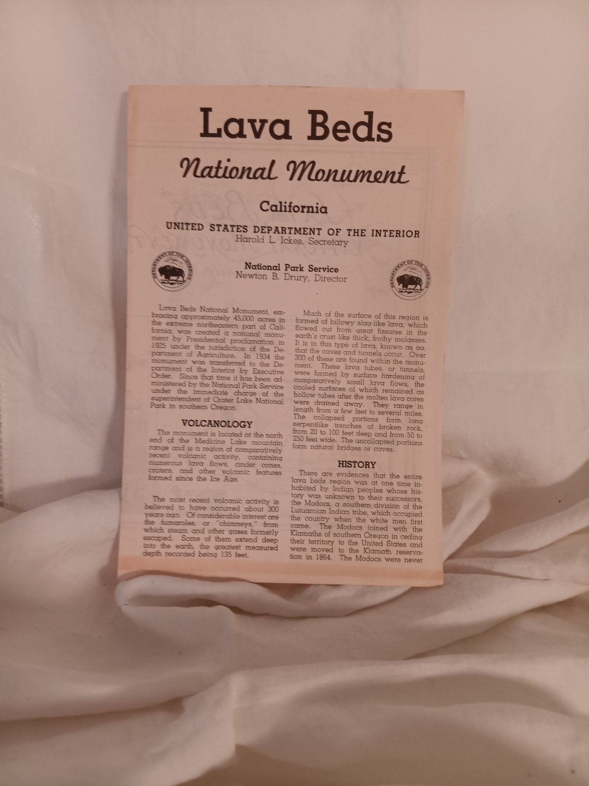 Vintage 1945 Lava Beds National Monument (California) Brochure/ Pamphlet