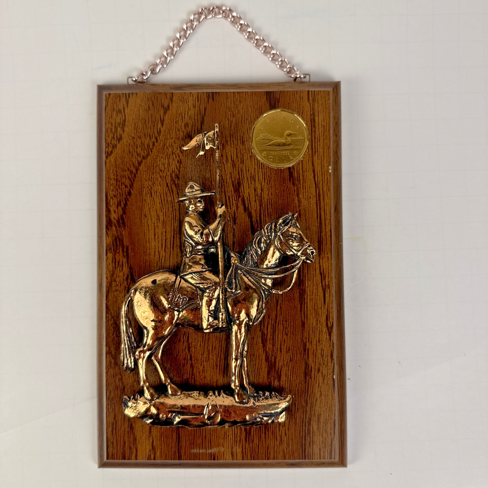 VTG Canadian Mountie On Horse Plaque With Inlayed Canadian One-Dollar Coin