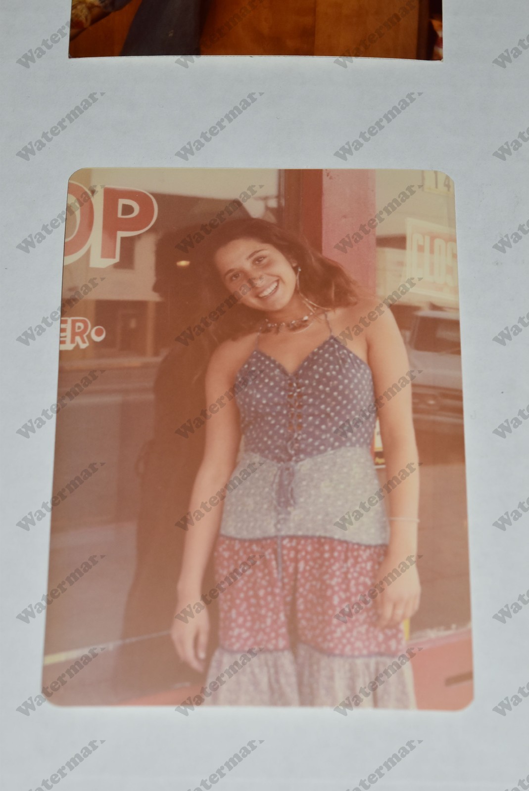 outdoor candid pretty woman in dress 1980's VINTAGE SNAPSHOT PHOTOGRAPH  Rn