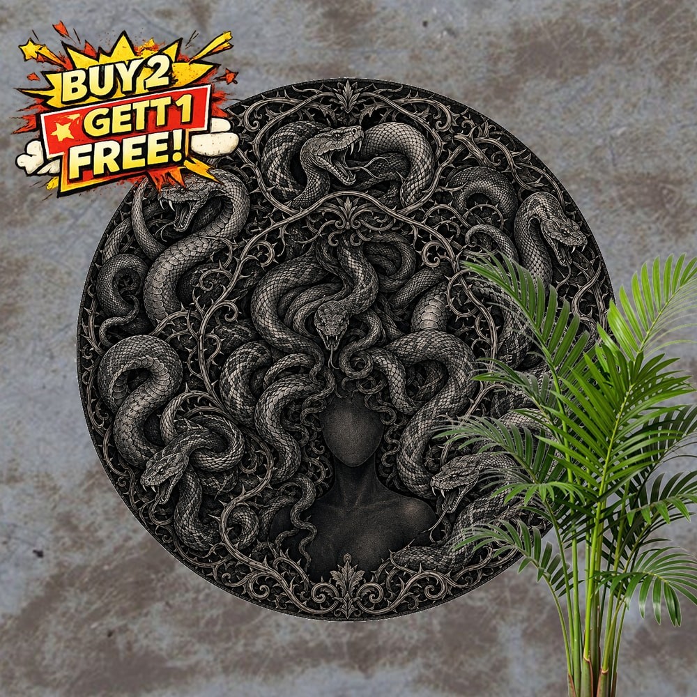 Gorgon Medusa Serpent Crest Metal Sign Vintage Myth Room Decor 8x8 Round