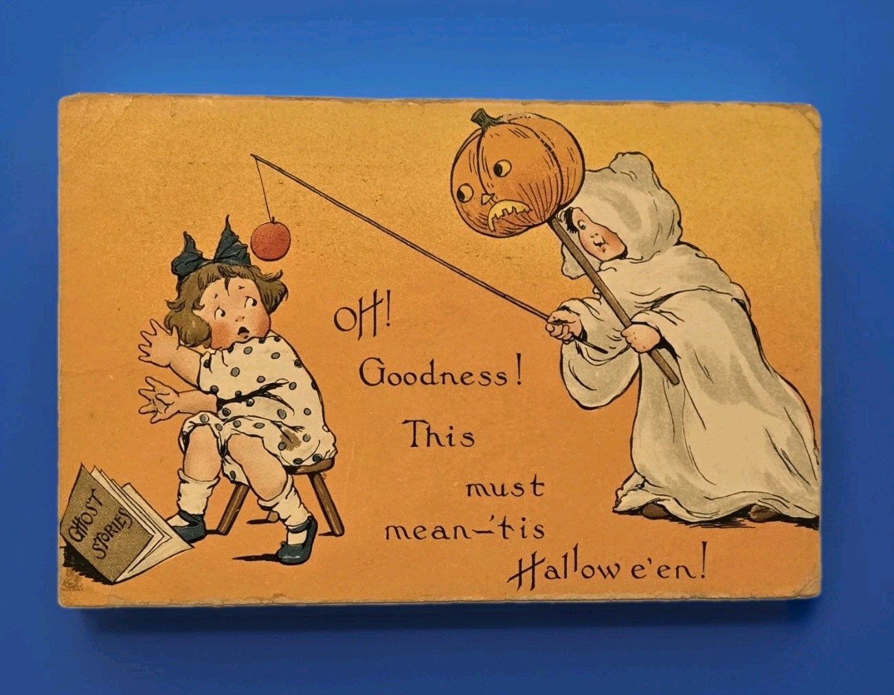 Vintage TUCK\'S Halloween Postcard No.188 Boy Scaring Girl W/JOL on Stick 1915