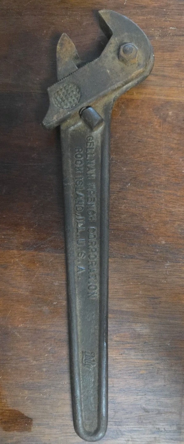 VINTAGE 1923 PAT. GELLMAN CORP. 12” POLLY ADJUSTABLE WRENCH, No. 121