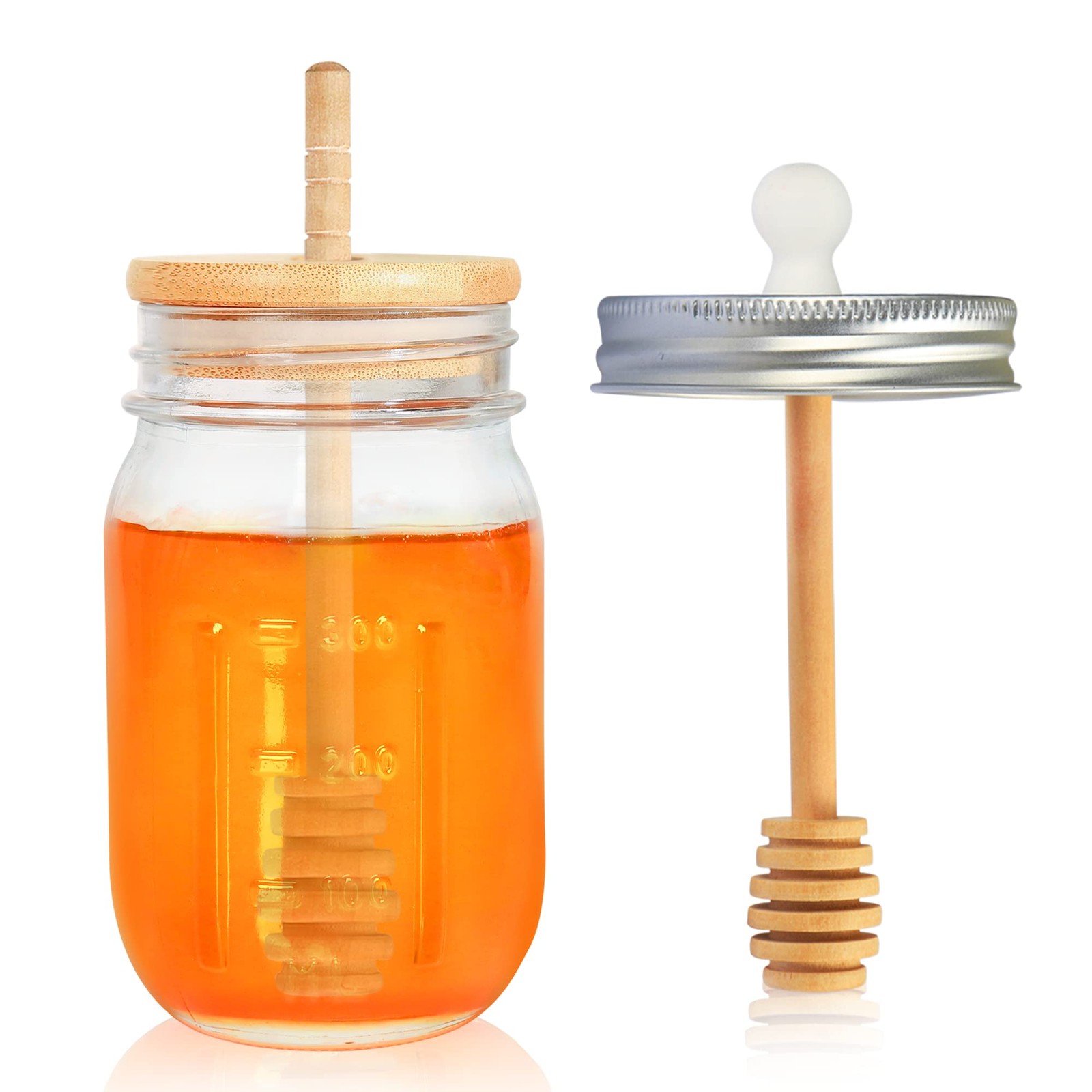 Glass Honey Jar with Dipper and Lid Airtight 16oz Kitchen Storage