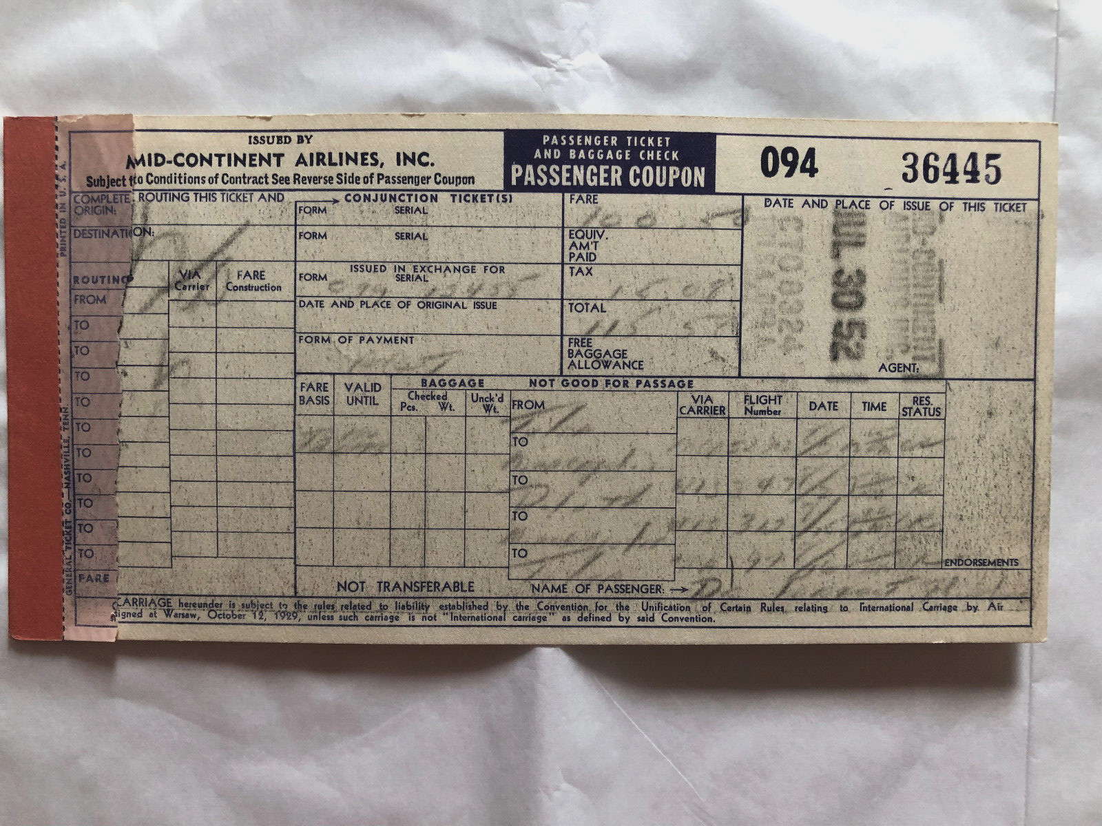 Mid-Continent Airlines Airplane Ticket Passenger Bag Check 1952 Vintage # 36445