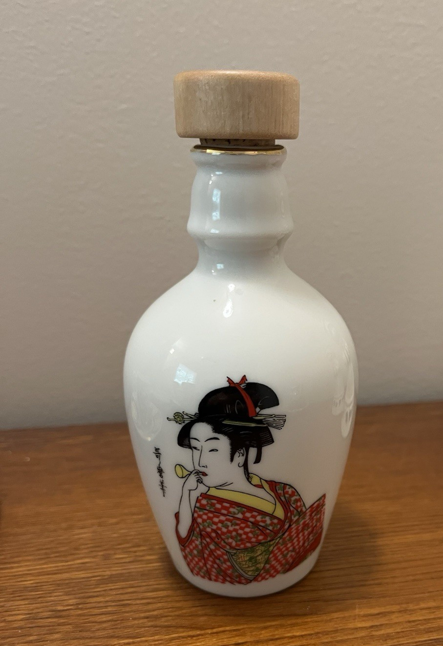 Vintage Porcelain Japanese Sake Bottle W/Illustration Of A Woman In A Kimono