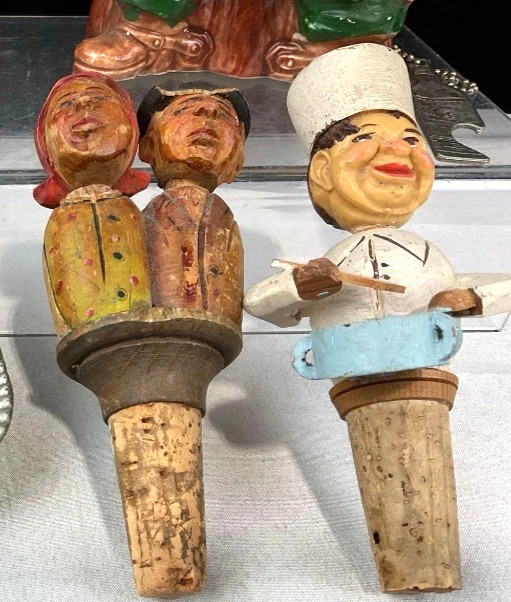 Vtg 50s ANRI Carved Man Drinks From Bottle Mechanical Wine Cork Bottle Stoppers