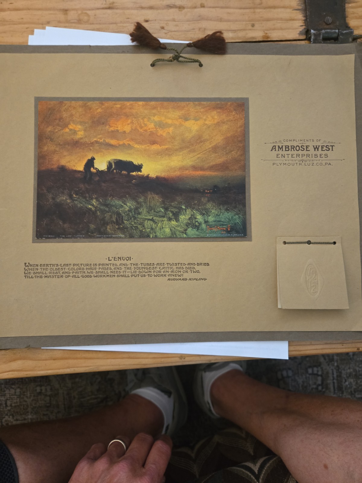 VTG 1912 Advertising Calendar Thomas Moran Plow Scene,kipling Poem All 12 Mos