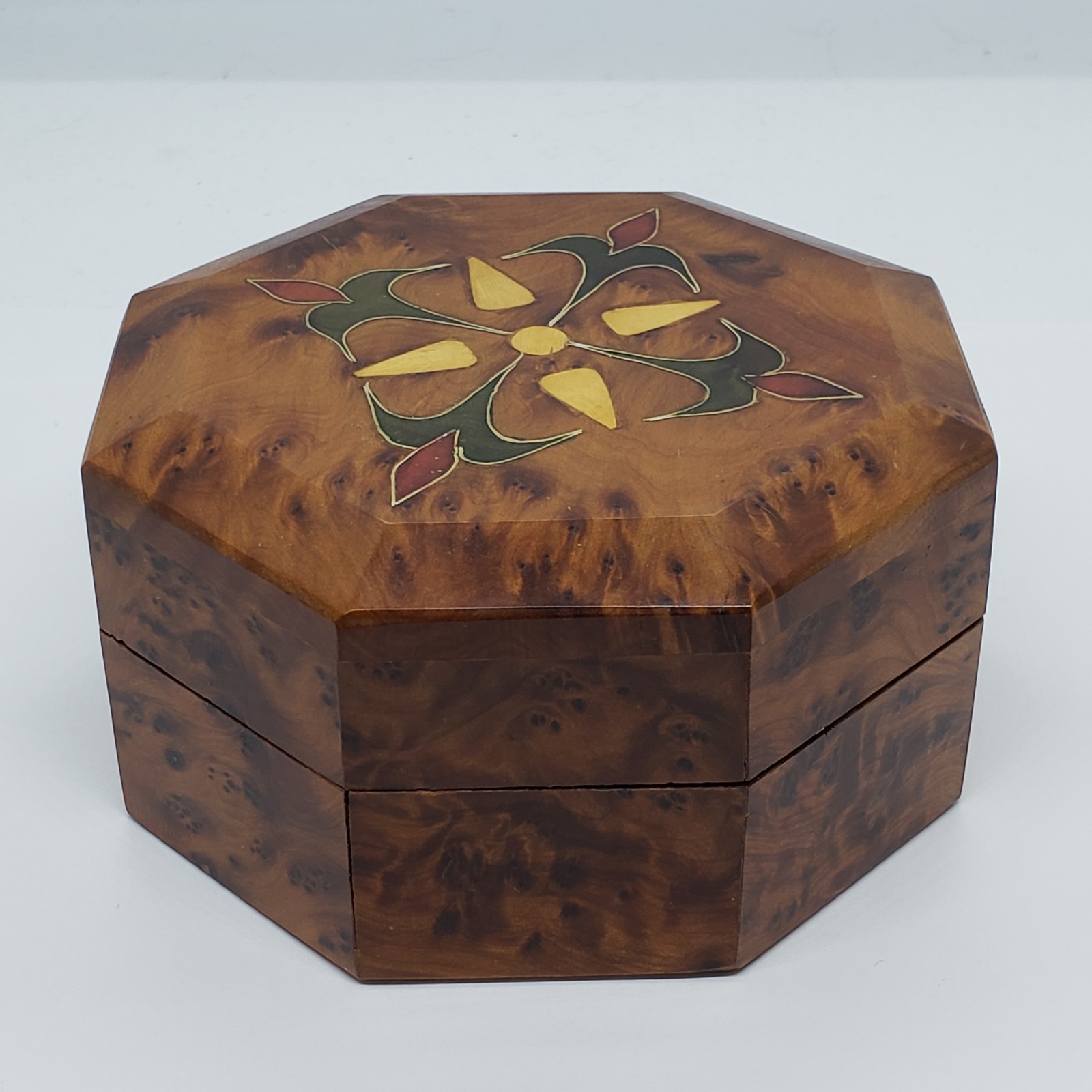 Vintage Octagonal Inlaid Burlwood Burl Wood Trinket Stash BOX