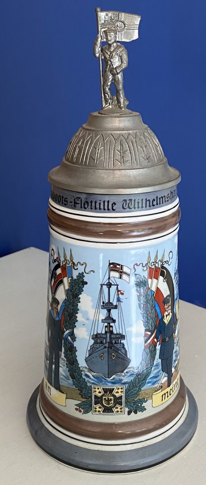 Vintage KR Regimental Military Germany Beer Stein Pewter Lid Flag/Sailor Finial Vintage KR Regimental Military Germany Beer Stein Pewter Lid Flag/Sailor Finial