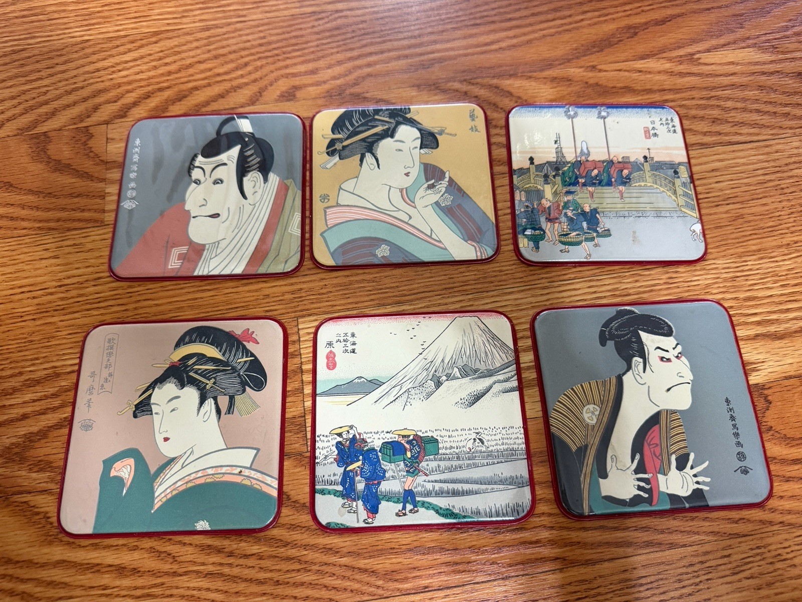 Japanese Art Print Coasters Vinyl Covered Japan Set 6 Vtg 70’s