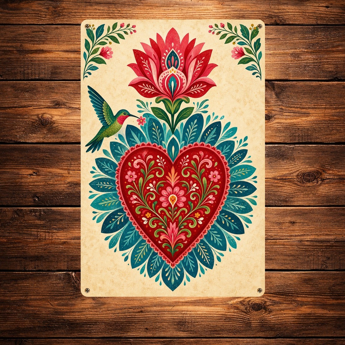 Mexican Sacred Heart Folk Art Hummingbird Floral Metal Tin Sign