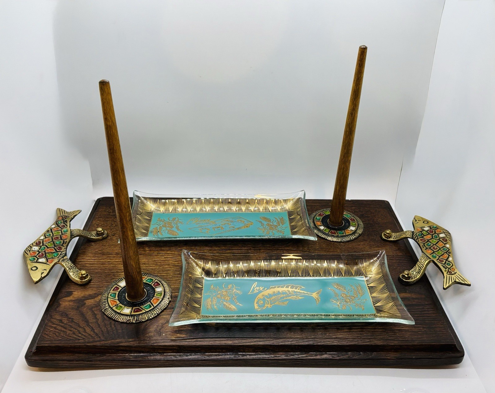 Rare Complete Set VTG 1950 Israel Bagel&Lox Glass Serving Set, Wood Tray-Judaica