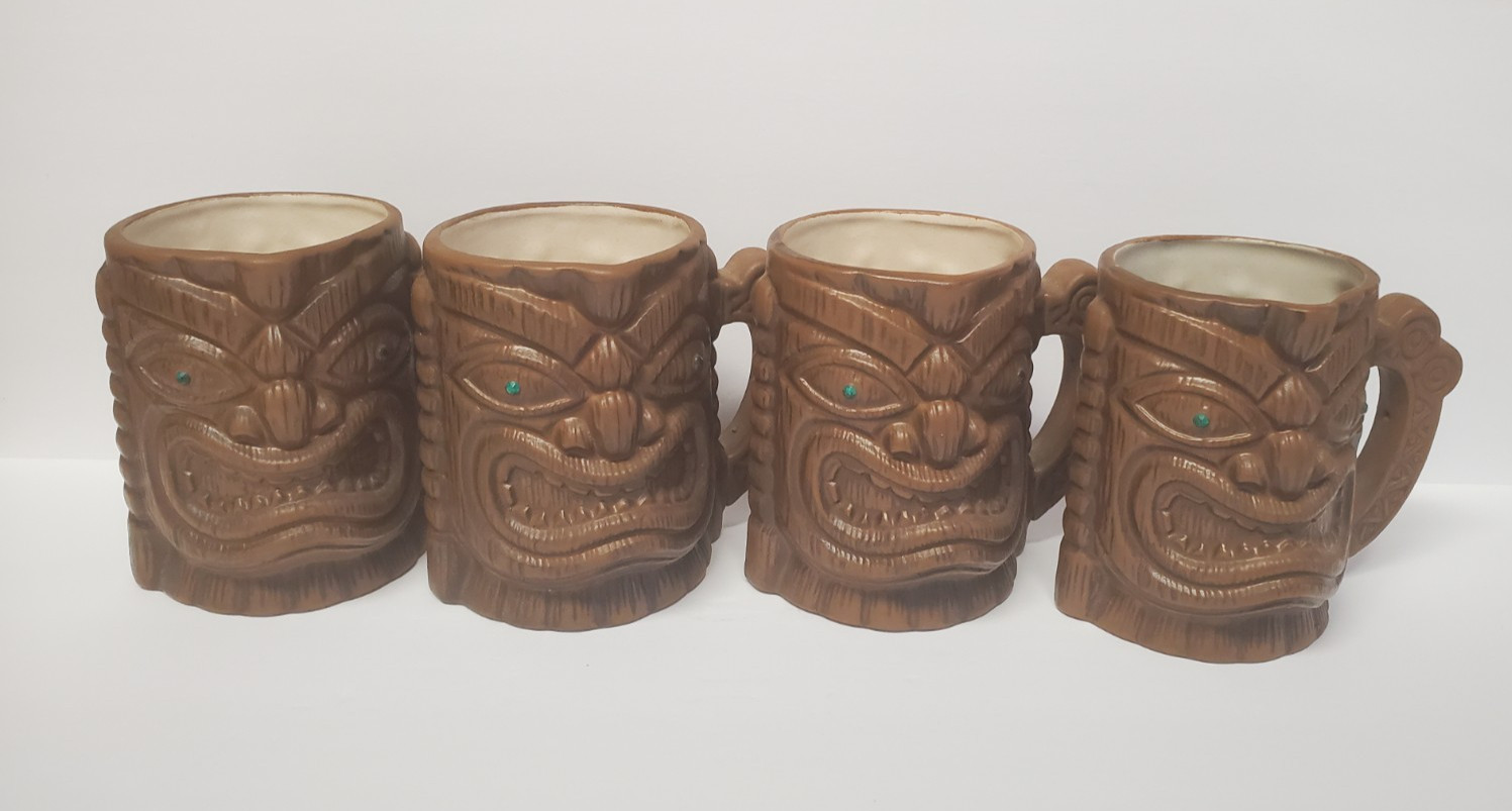 Vintage Quon-Quon Made in Japan Four Tiki Cups Lot. Emerald Green Eyes. 12 Ozs
