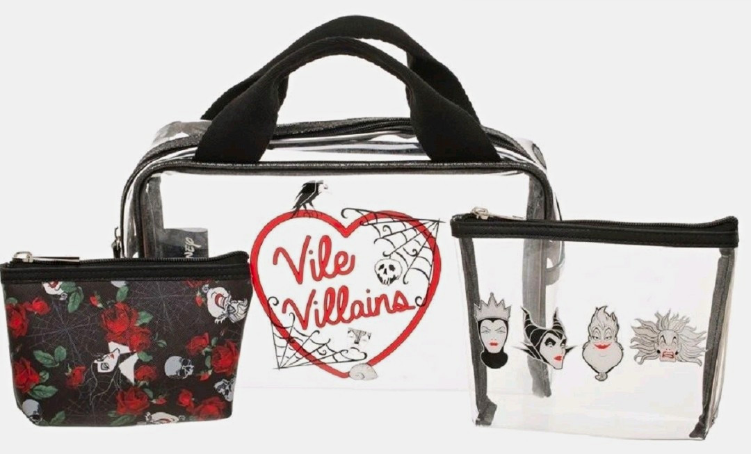 NWT 3pc Disney Villains Vile Vixens Clear Tote Cosmetic Bag Set Lanyard Bioworld
