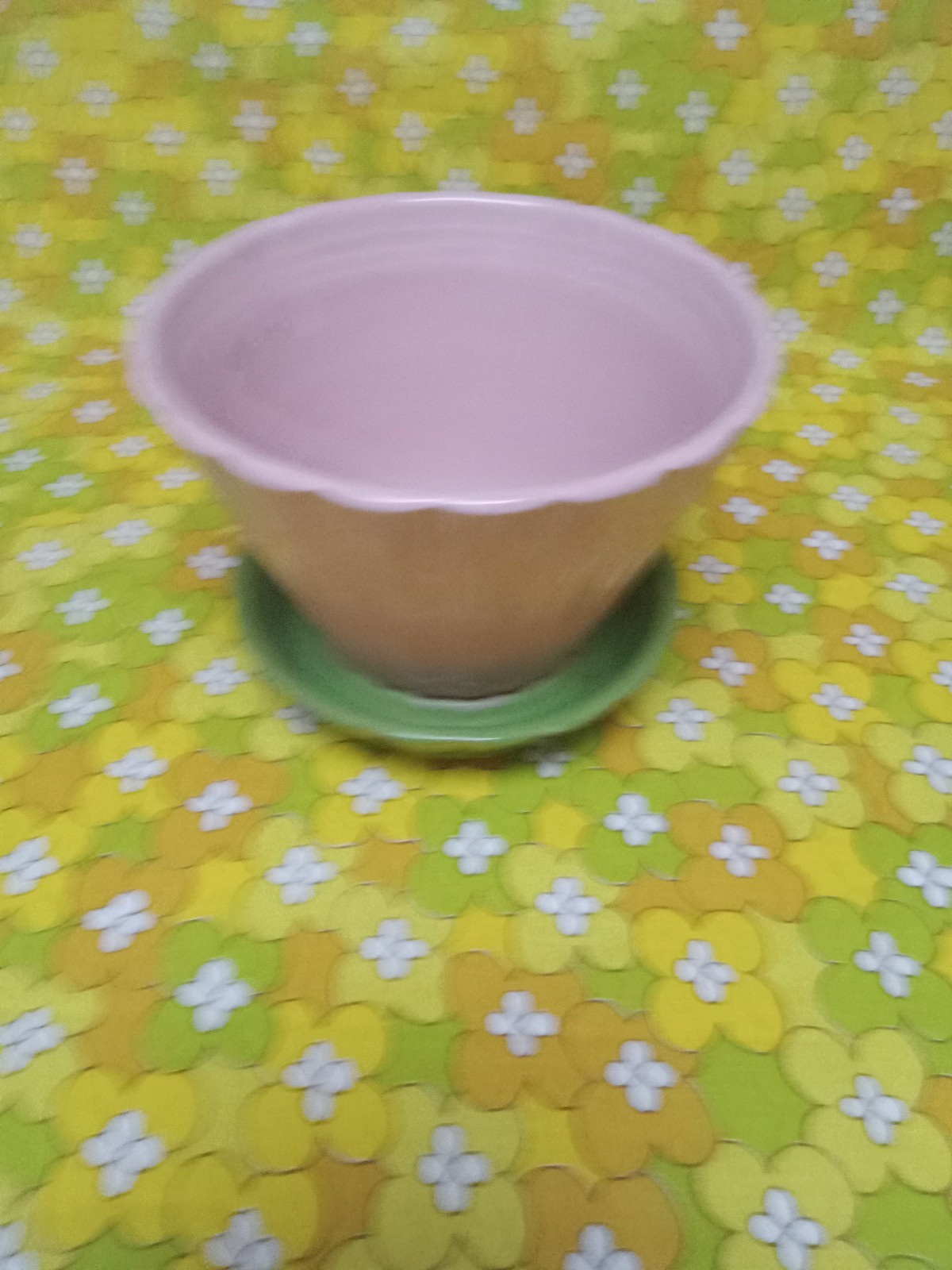 Vintage Shawnee USA 535 Pink & Green Ribbed Flower Planter with Attached Saucer