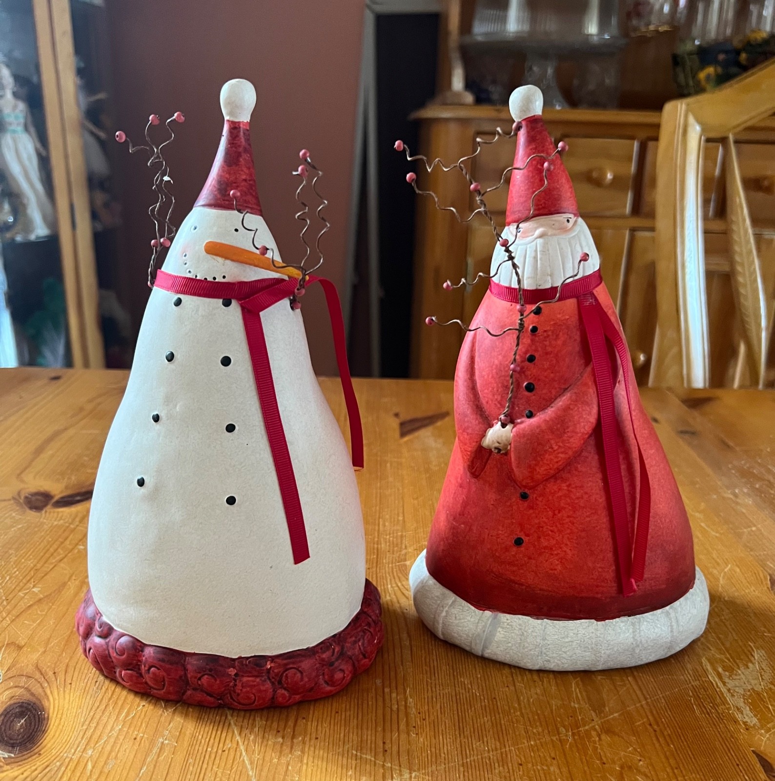 Silvestri Folk Art Whimsical Terracotta Santa Claus and Snowman Figurines