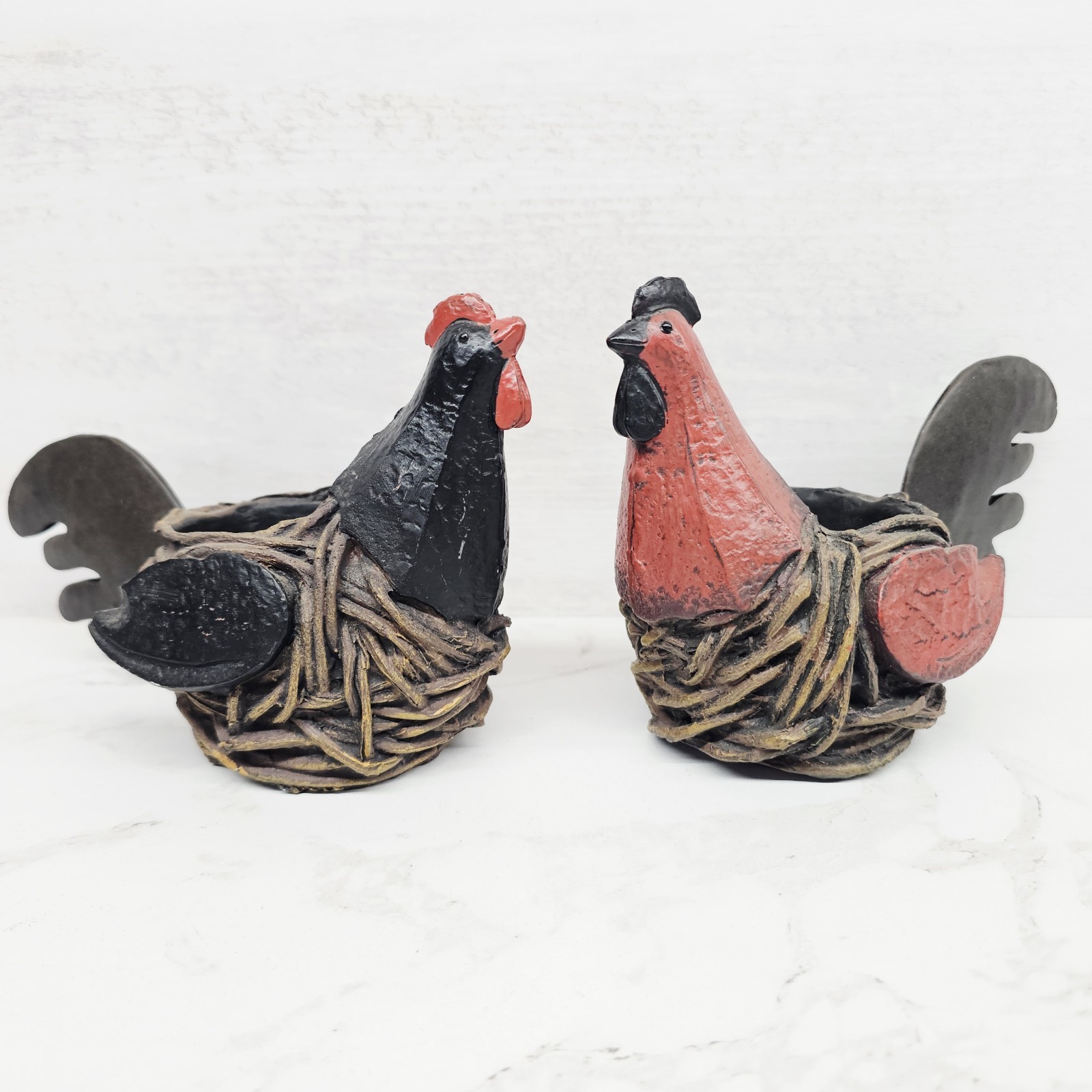 2 Chicken Hen Rooster Resin Painted Trinket Planter Candle Pottery Gift Display