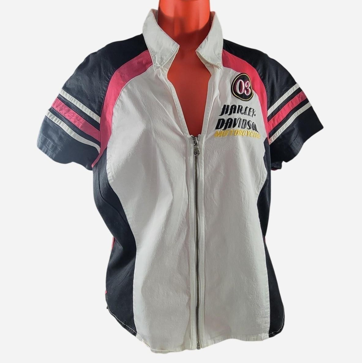 Vintage Y2K Harley Davidson Women\'s Pink Biker Zip Front Short Sleeve Shirt 1X