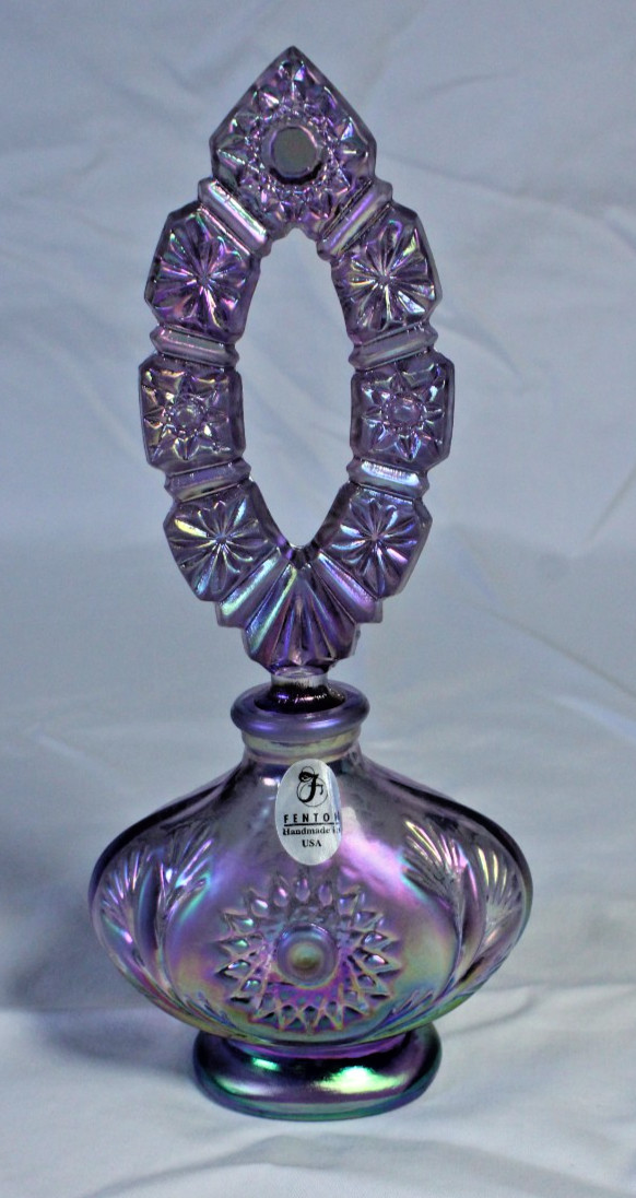 VTG Fenton Amethyst Iridescent Purple Glass Vanity Perfume Bottle & Stopper 7.5”
