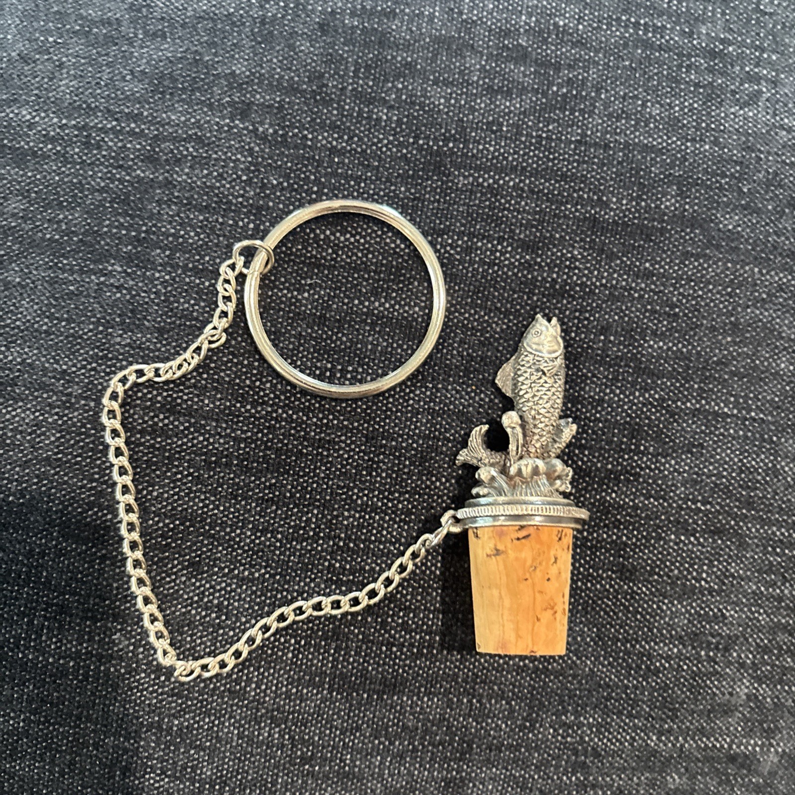 Vintage WTU Pewter Trout Fish Bottle Stopper With Chain & Ring 