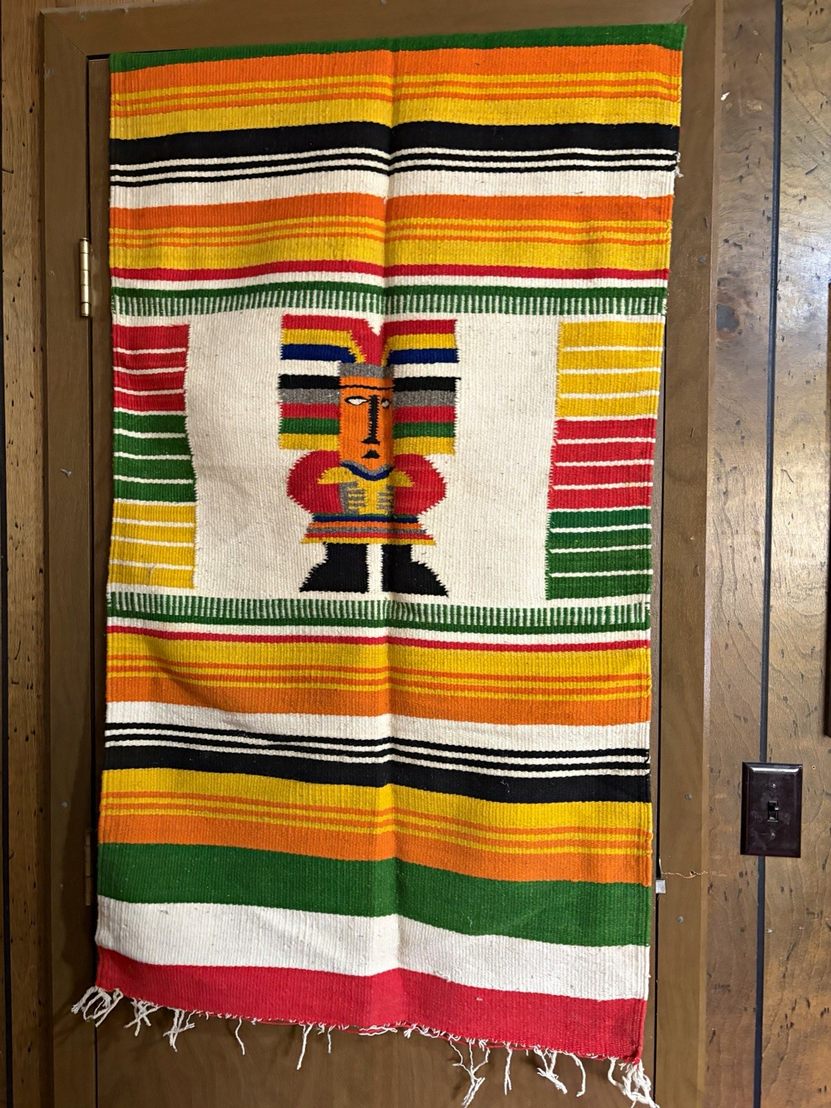 Antique Vintage Mexican Serape Woven Textile Blanket/Rug Fringe, Central Figure Antique Vintage Mexican Serape Woven Textile Blanket/Rug Fringe, Central Figure