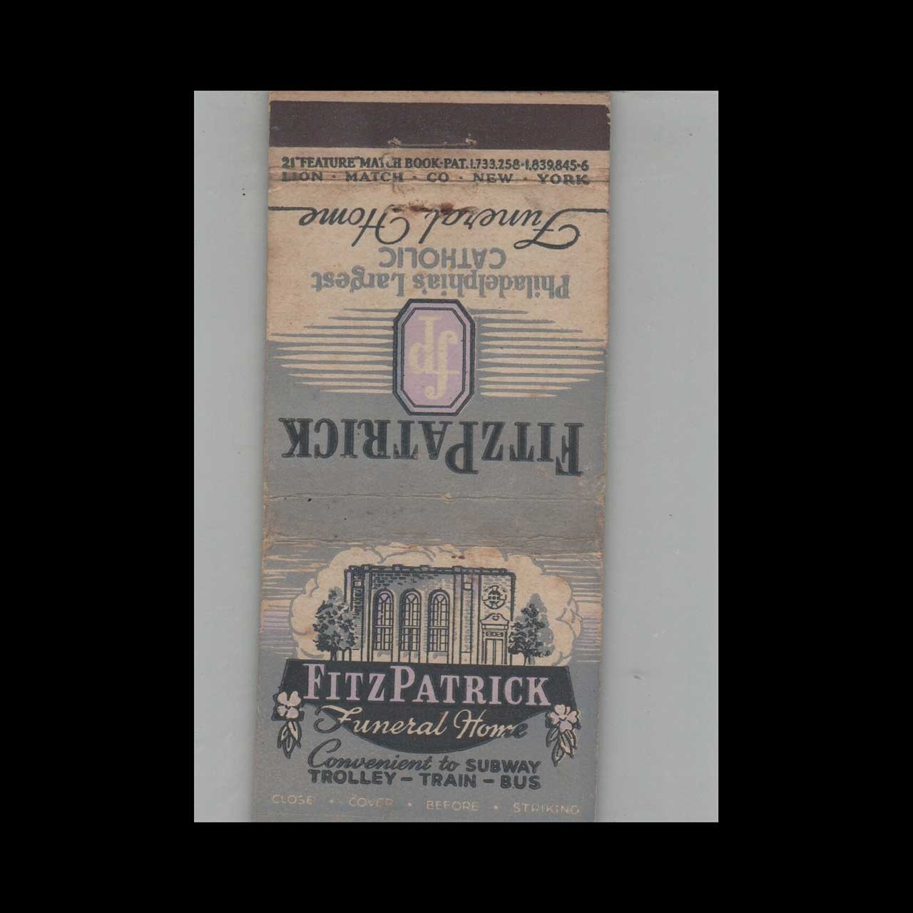 Matchbook Cover Stripped Feature FitzPatrick Funeral Home Philadelphia PA