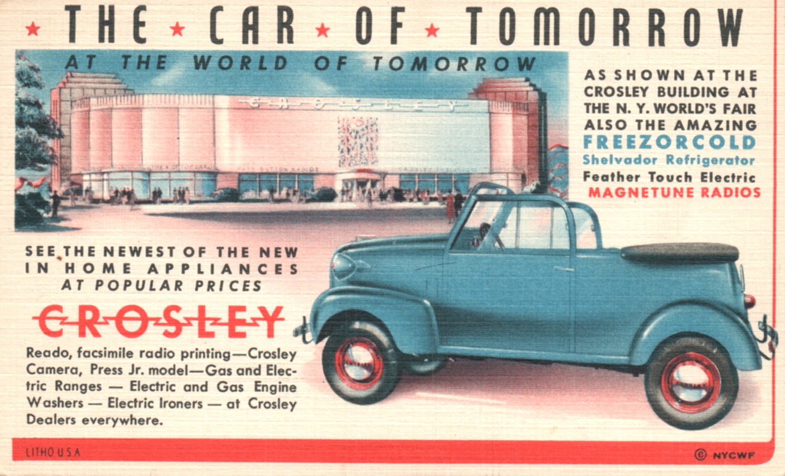 The Car of Tomorrow the CROSLEY Posted 1939 World's Fair Station to Elmira NY