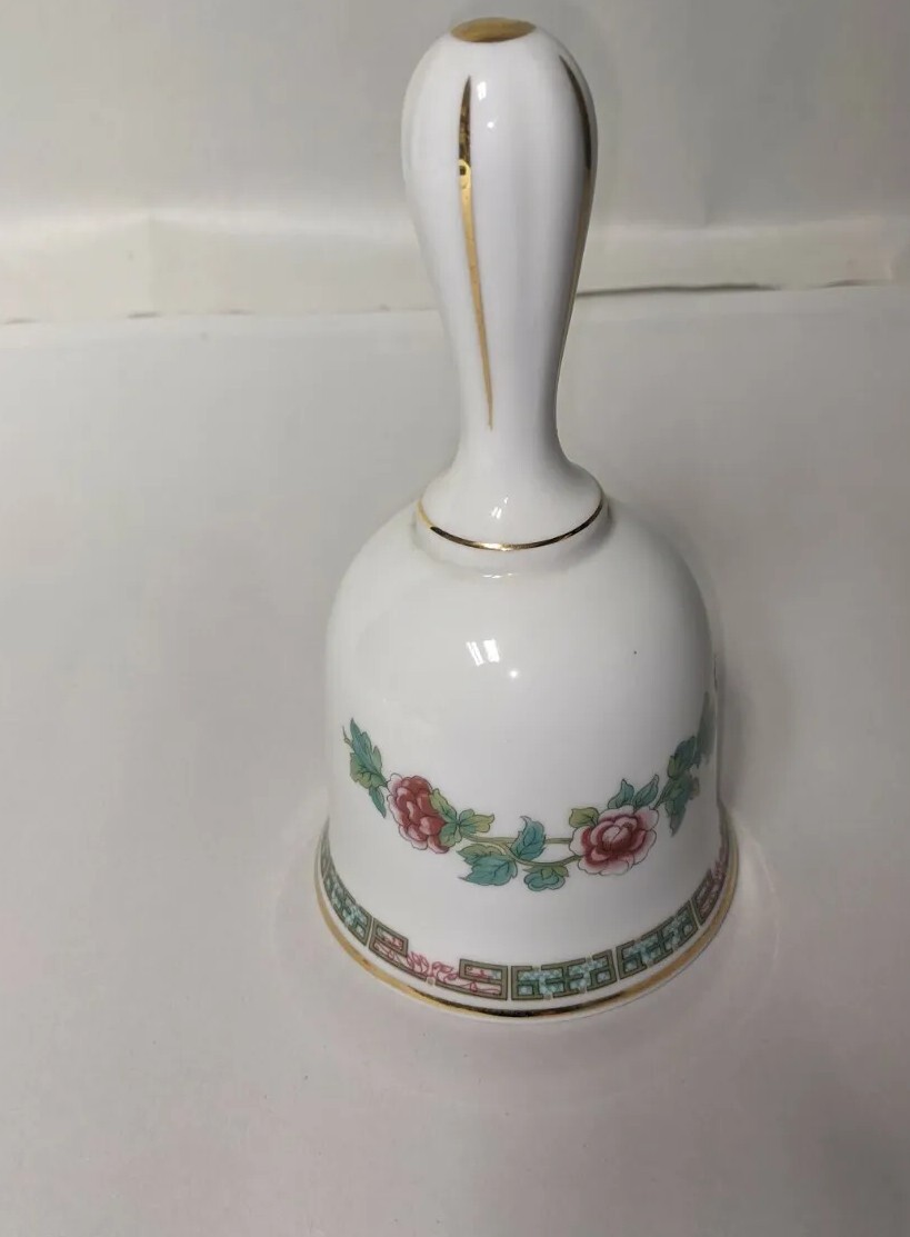 Hoffritz porcelain white bell w/pink roses green leaves gold trim. GC P