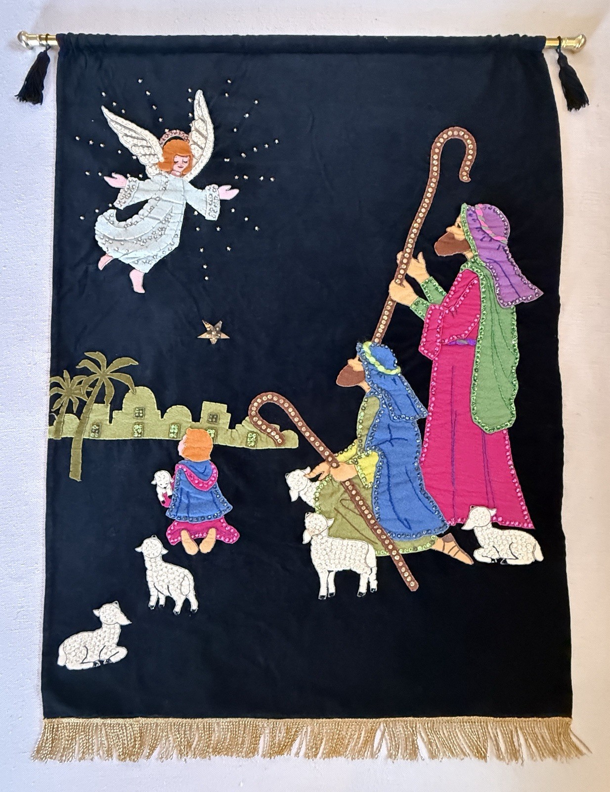 Vintage Edna Looney Nativity Shepherds Velvet Felt Xmas Wall Hanging Complete
