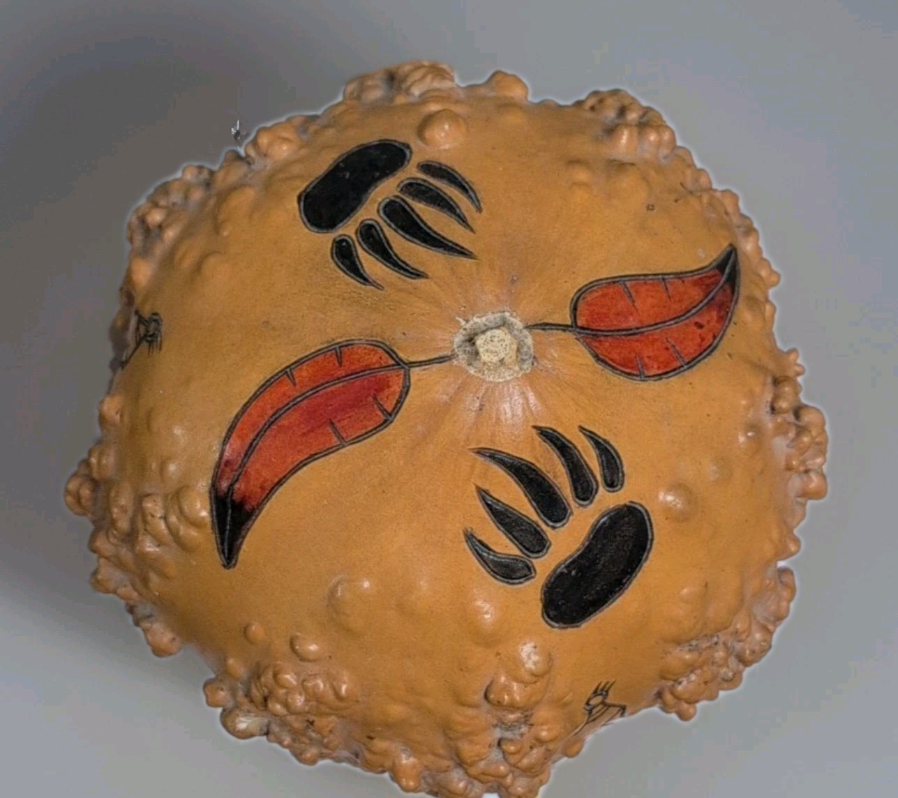 Hand Carved Painted 7x4 Warty Gourd Vessel Bowl Bear Paws Feathers Folk Art