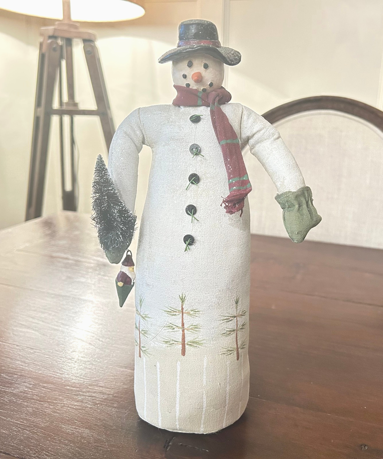 Primative Painted Canvas SNOWMAN w/Clay Head 12\
