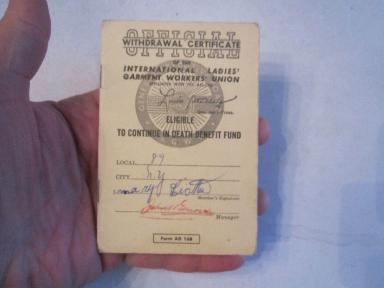 1967 INTERNATIONAL LADIES' GARMENT WORKER'S UNION WITHDRAWAL CERTIFICATE - BBA-9