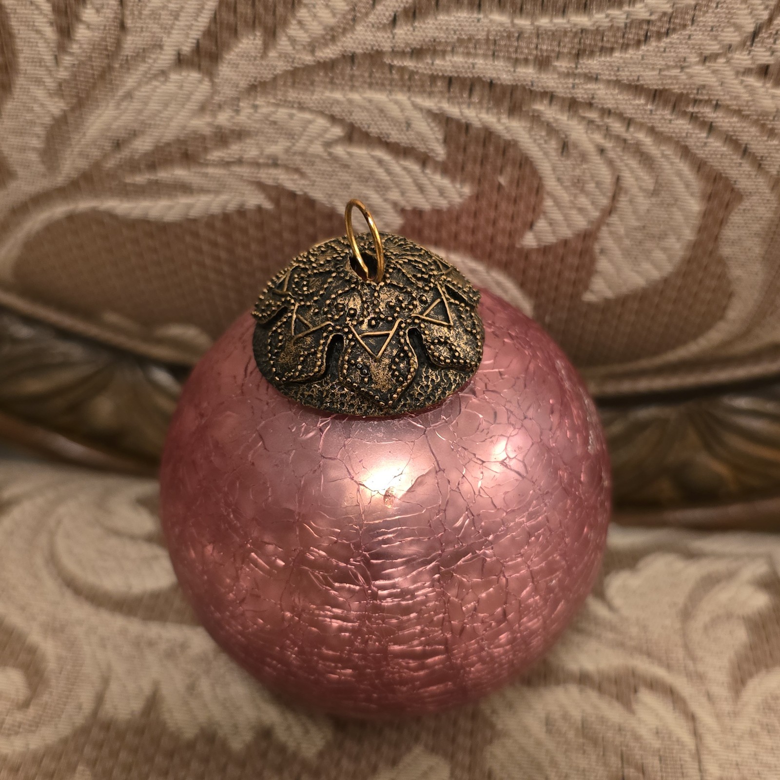 Lovely Deep Rose Pink Heavy Glass Crakle Kugel With Delicate Brass Cap
