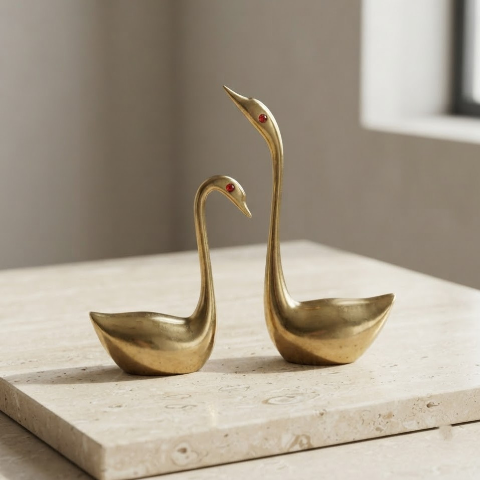 Elegant Brass Swan Couple Figurines, Golden Bird Statue Pair with Red Eyes