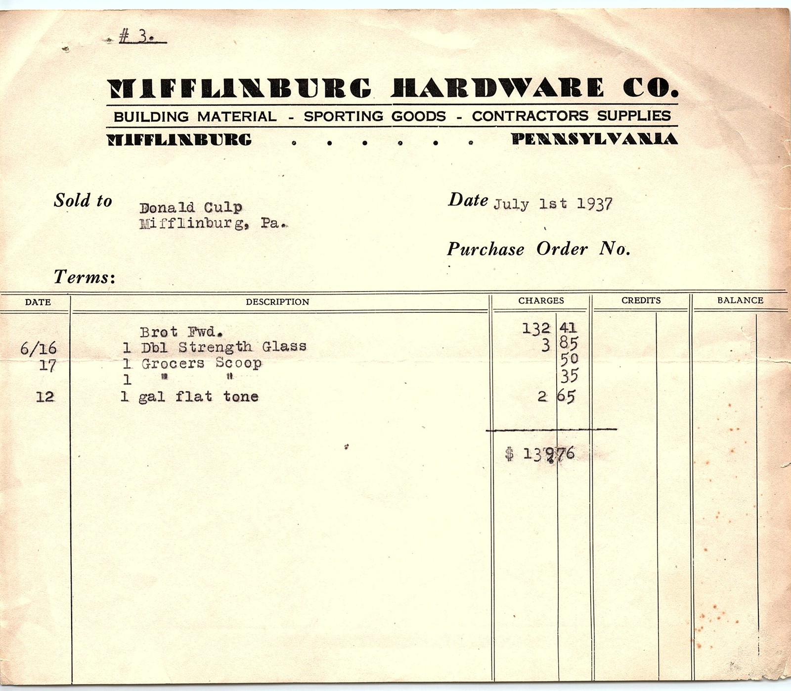 1937 Mifflinburg Hardware Co. Billhead