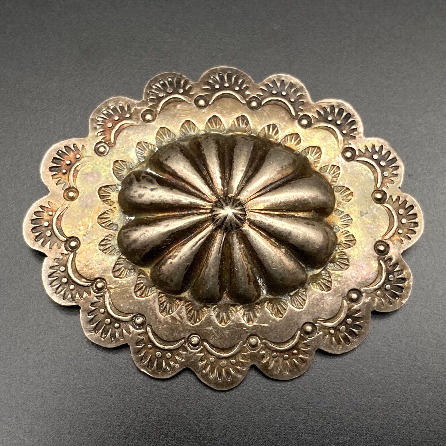 Vintage Southwest Arts and Craft Concho Hand Stampwork Slug Silver Brooch Pin