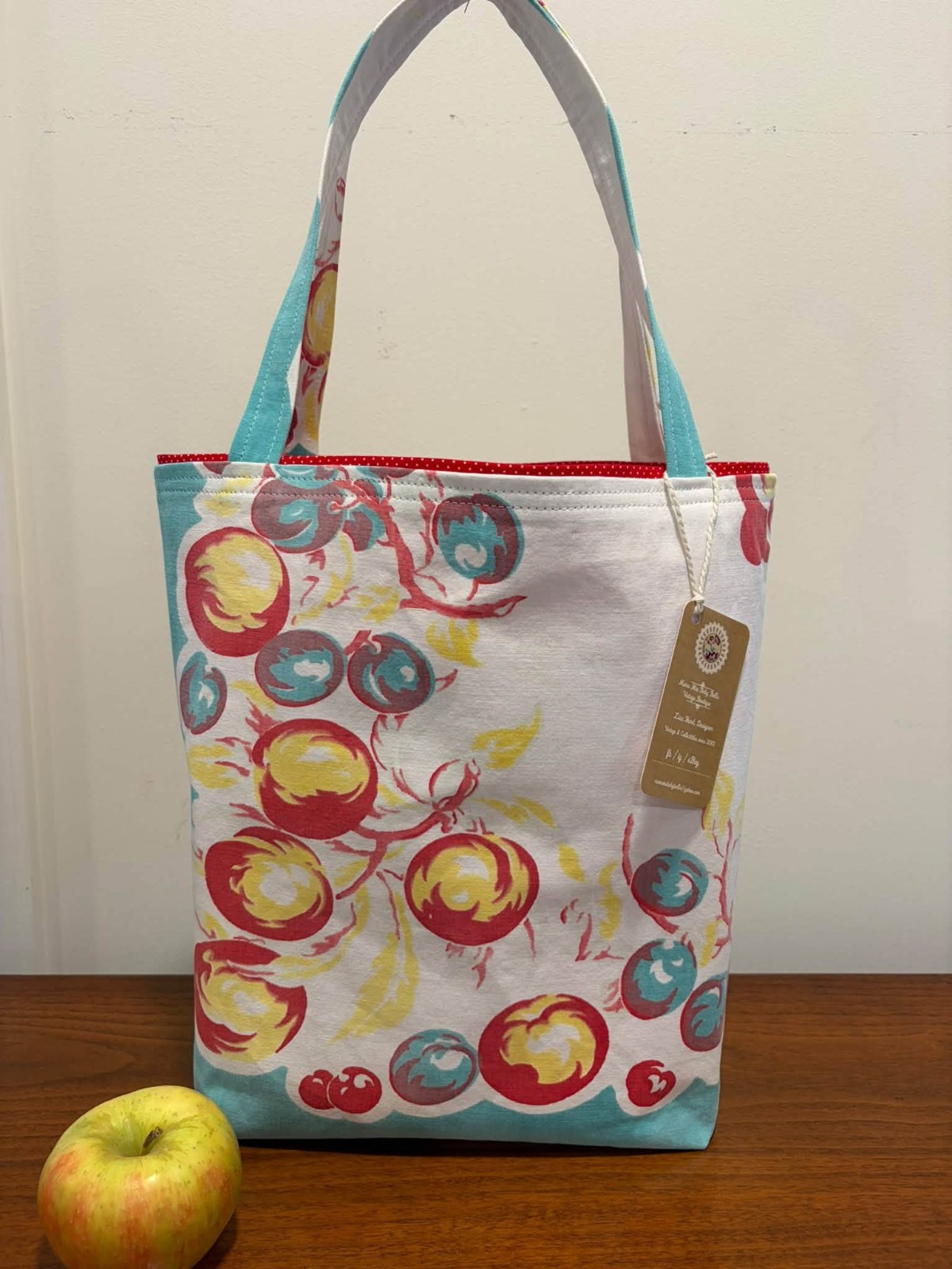 #868 Vintage 1950s Aqua Apples Cherries Vintage Tablecloth Tote Shopping Bag NEW