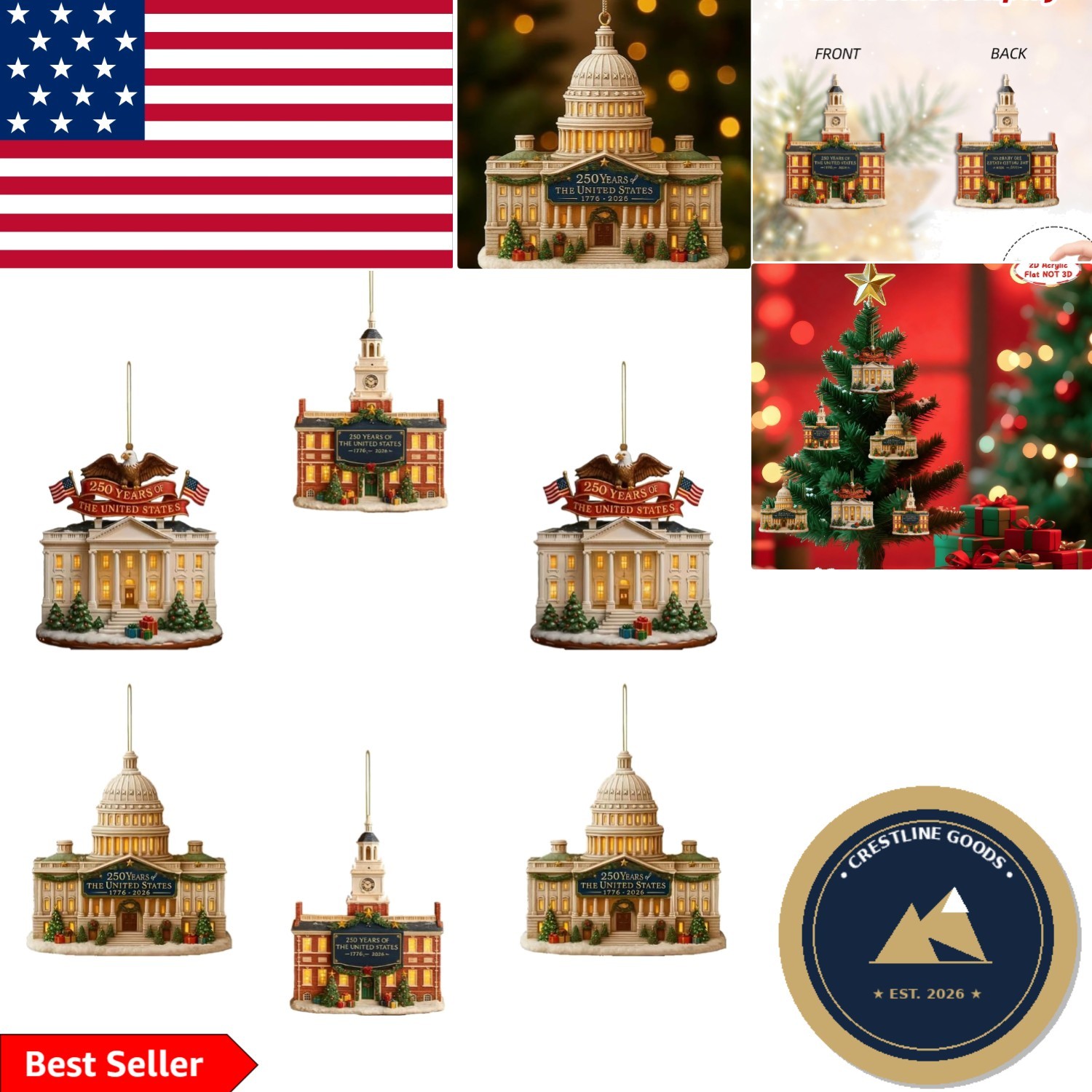 6 Pcs Acrylic Patriot Memorial Ornaments - Celebrate the USA's 250th Anniversary