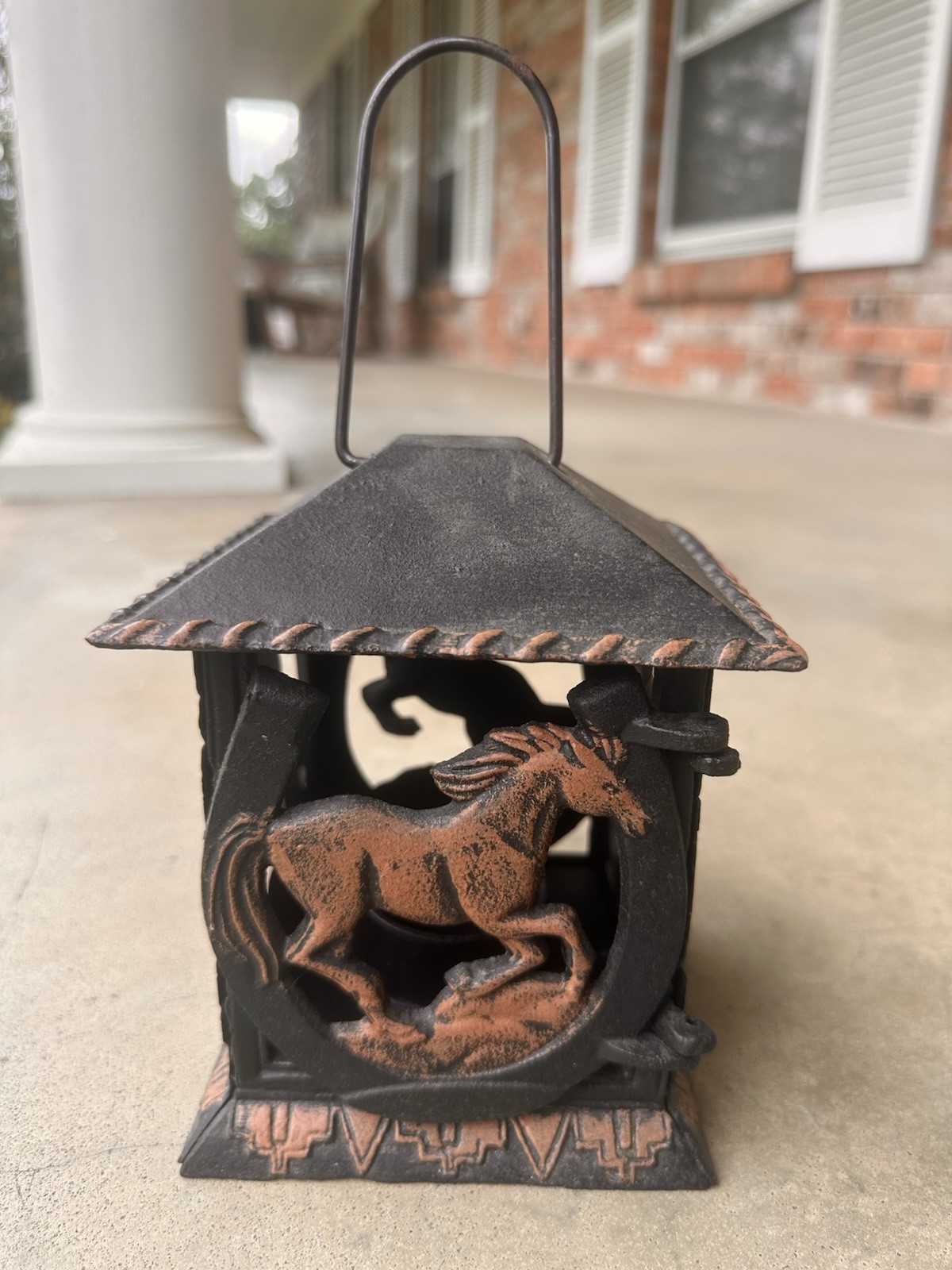Japanese “Rearing Horse Horse shoe” Hand Cast Iron Garden Lantern, 10″h Rare
