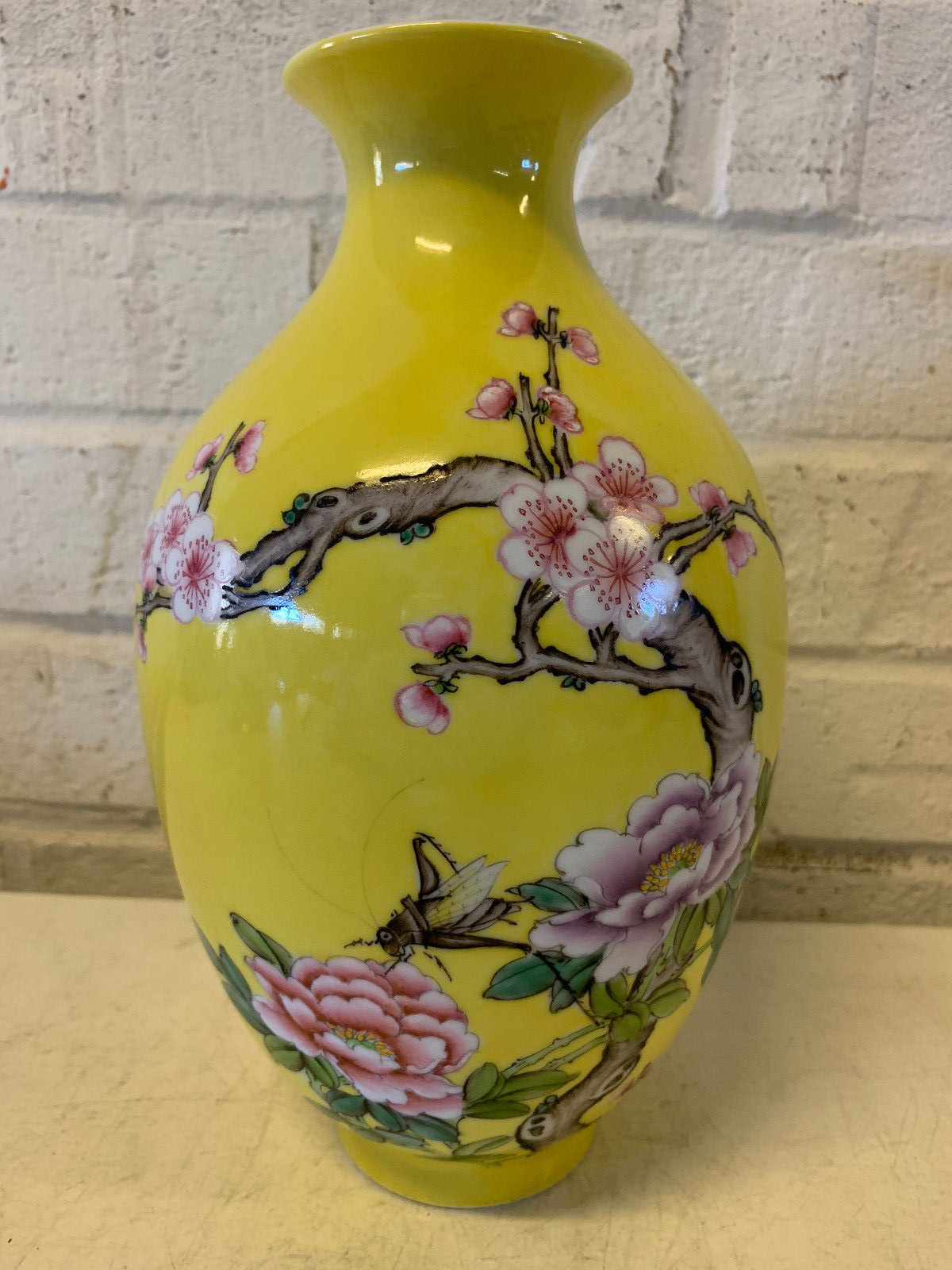 Vintage Chinese Yellow Famille Jaune Porcelain Vase Early Plum Blossom Poem 9
