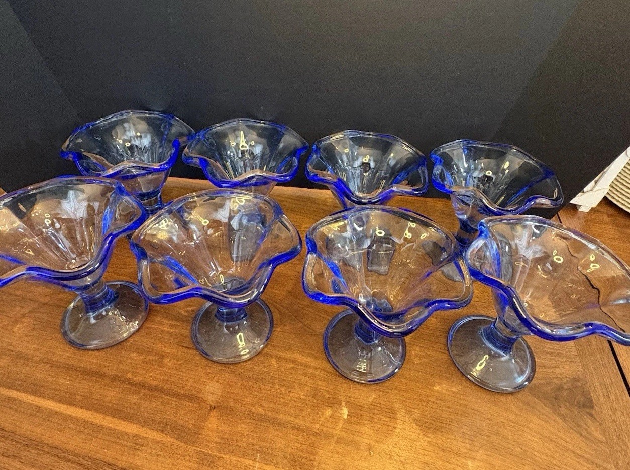 Vintage Primavera Bormioli Rocco Blue Italian Dessert Glasses Pedestal Set Of 8