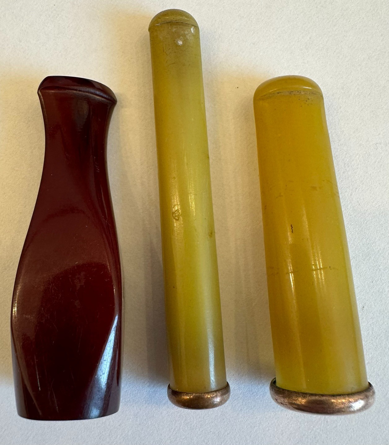 Art Deco Lot of 3 Cigarette & Cigar Holders; Butterscotch, Galalith & Cherry Red