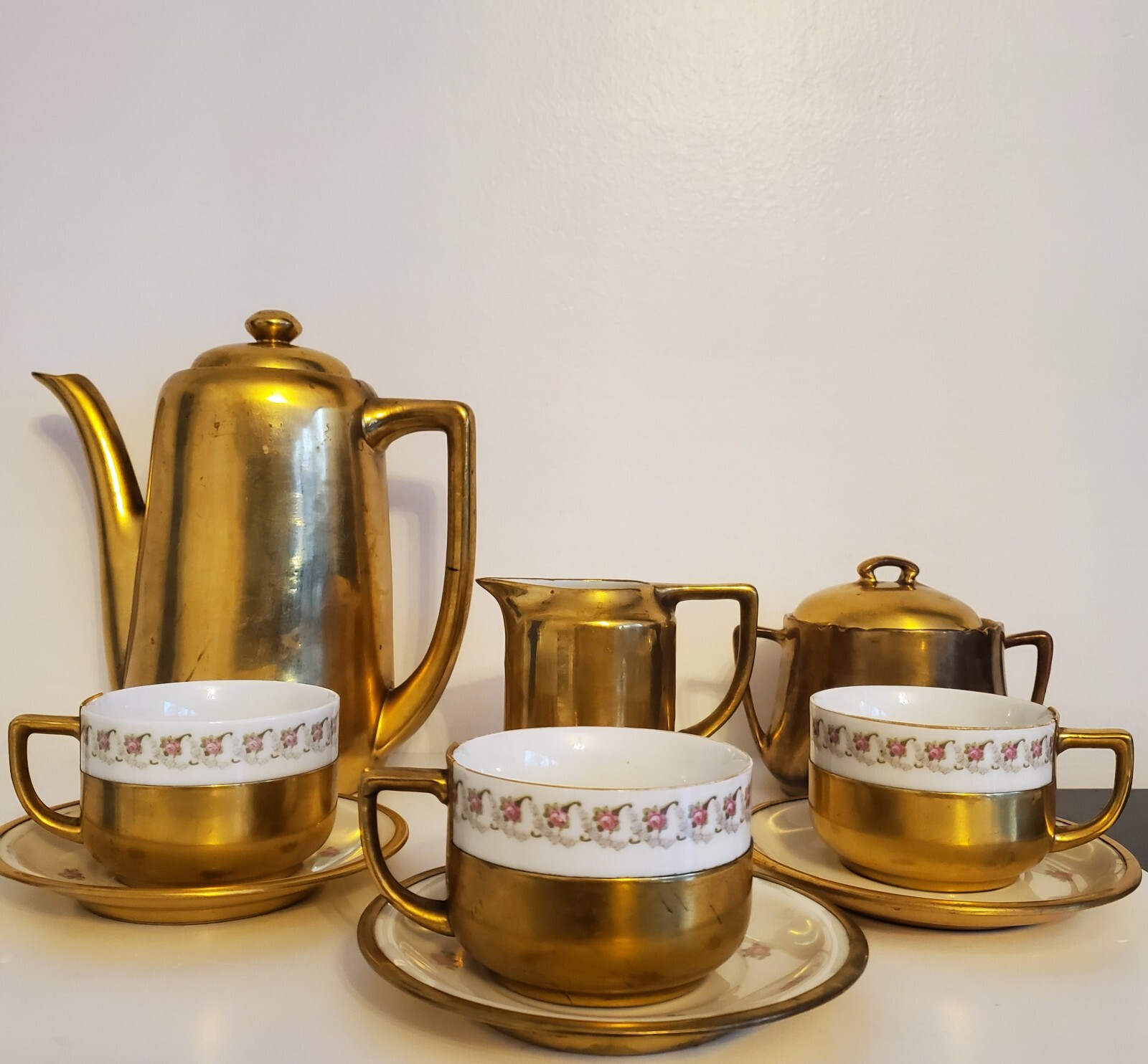 Unique Polished Brass & Limoges Tea Set Pink Roses w 3 Cups Teapot Creamer Sugar