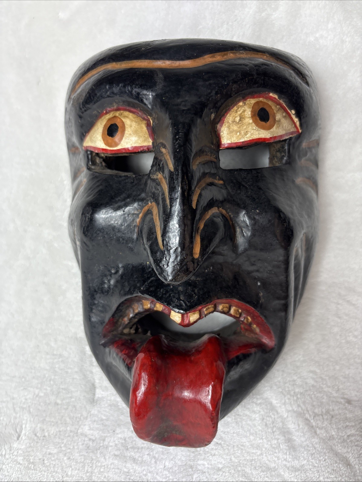 Vintage Mexican Hand Carved Wood Dance Mask Diablo Devil Black Tongue Out
